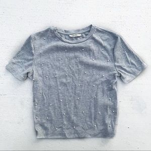 Zara Trafaluc Grey and White Pearl Top, Small